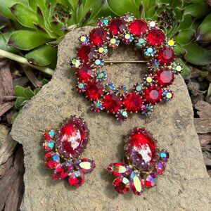 1950s Cherry Syrup Signed Sherman Red Aurora Borealis Earrings Crystal Brooch